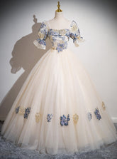 Champagne Tulle Square Neck Short Sleeve Quinceanera Dress